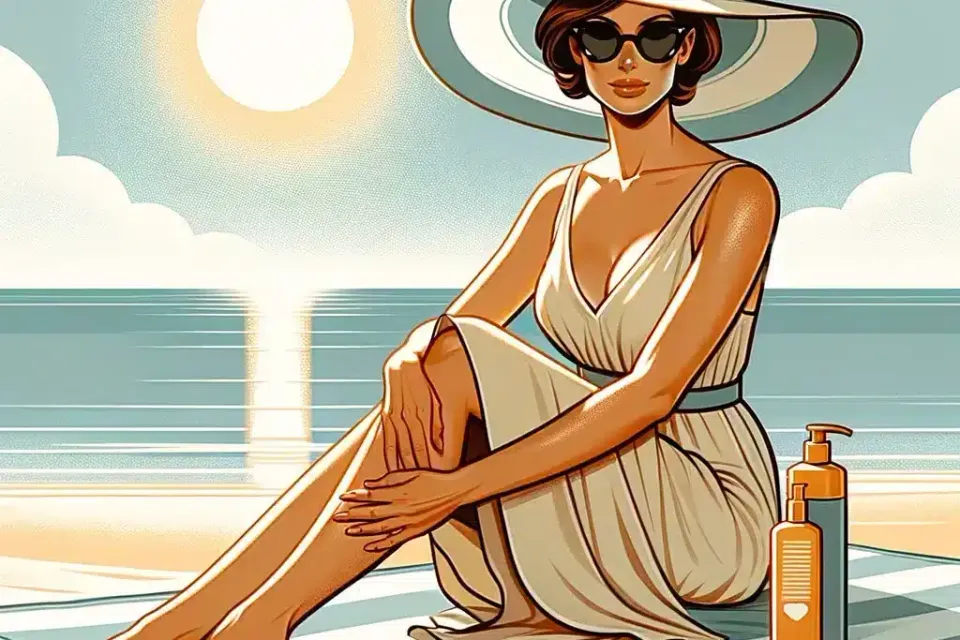 Ilustración de una mujer con sombrero y gafas de sol sentada en la playa junto a un protector solar